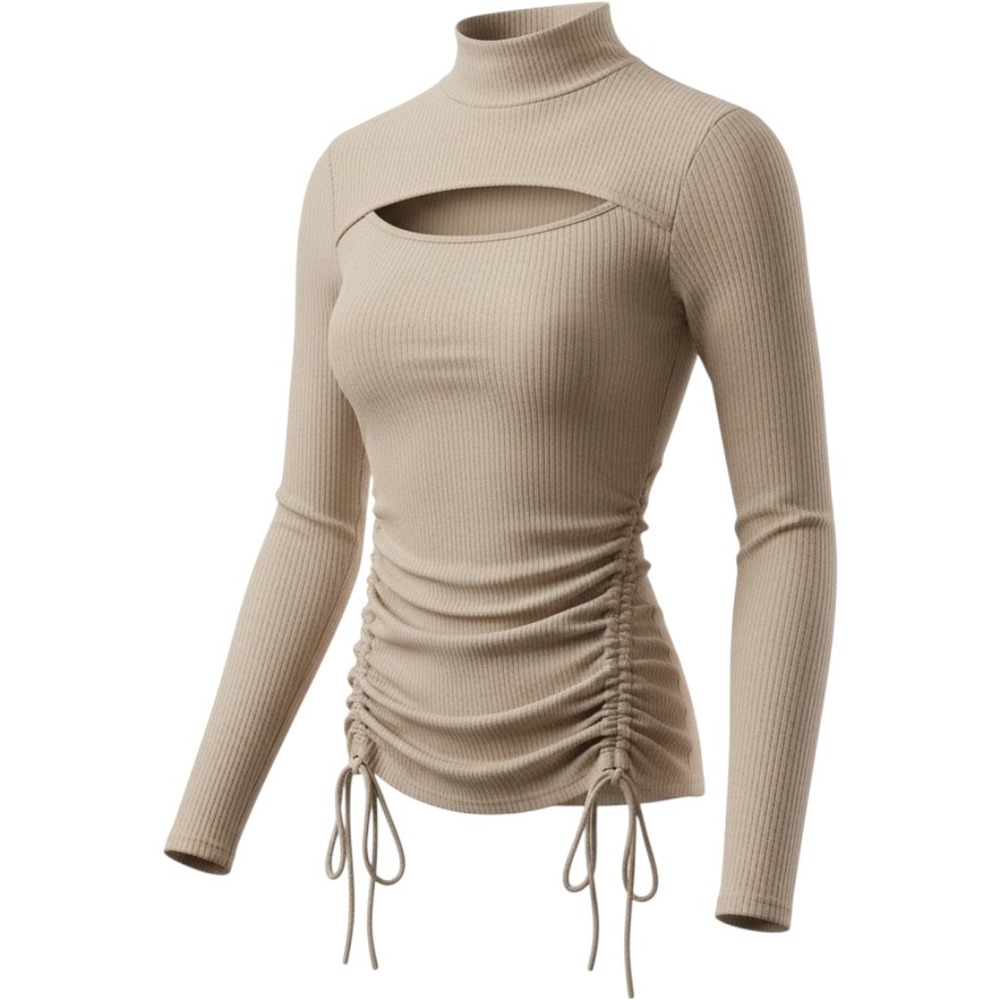 Peach Love Womens California Cutout Top Ribbed Ruched Mock Neck Medium